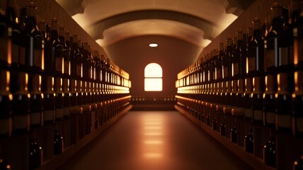 Rows of wine bottles are symmetrically aligned on wooden racks, illuminated by warm, ambient light, creating a serene and inviting atmosphere.