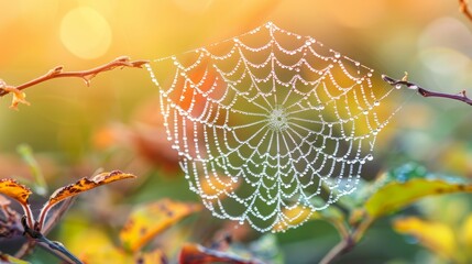  A tight shot of a spider web on a tree branch, adorned with water droplets