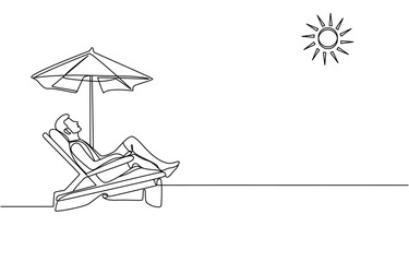 Summer vacation concept in line art drawing style. Coast of the sea, umbrella, people relaxing on a beach, Continuous line art hand drawn vector styles. pro vector.