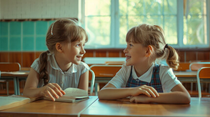 Fototapeta premium Two young girls share an animated conversation in a sunny classroom, their faces alight with curiosity and friendship.