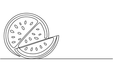 One continuous line drawing of sliced red watermelon. Fresh fruitage concept for fruit garden icon. Healthy organic food theme. Summer fruit isolated on white background. Pro Vector.