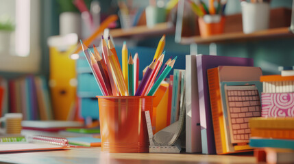 A colorful collection of pencils and books neatly arranged on a bright, organized study desk, emanating creativity and readiness for learning.