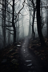 Fototapeta premium Mysterious Eerie Forest under the Menacing Overcast Sky - A Scene from the Nightmare or Fairy Tales