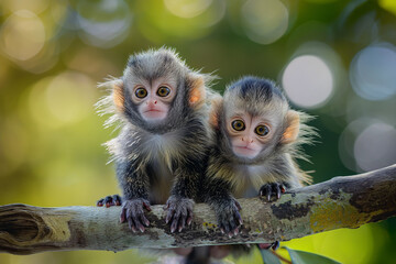 Obraz premium Adorable Baby Marmosets: Curious Primate Twins Perched on Branch in Sunlight
