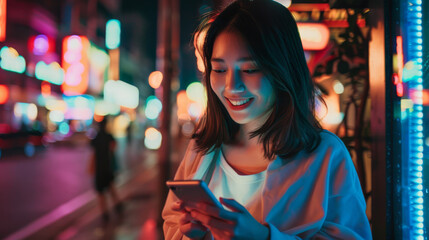 A young woman in a lively urban night scene, illuminated by vibrant neon lights as she smiles at her phone, capturing a moment of connection and joy.