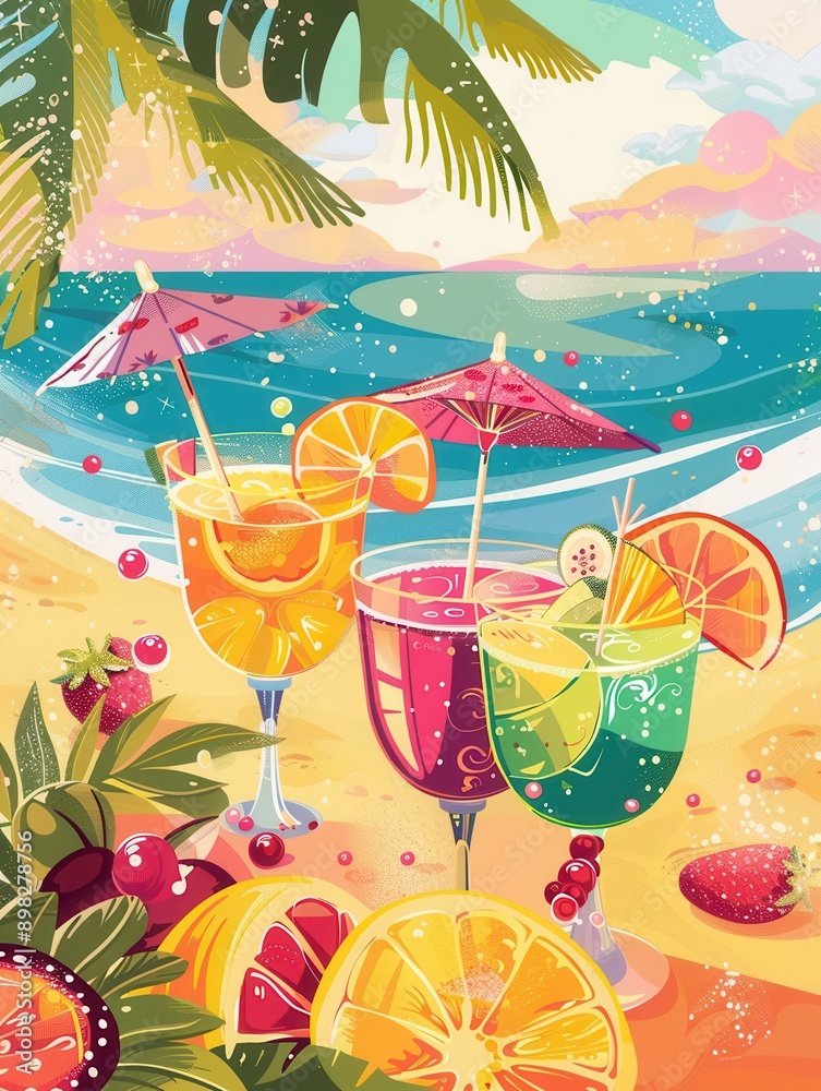 Poster three colorful cocktails with tropical fruit garnishes and umbrellas stand on a sandy beach with an 