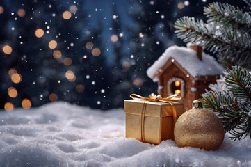 Christmas and new year postcard with illuminated miniature cosy village house, cottage, fir, pine trees, gift snow at night, blurred glowing bokeh, magic festive background, greeting card, copy space.
