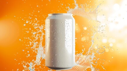 A can of soda with splashes on an orange background.