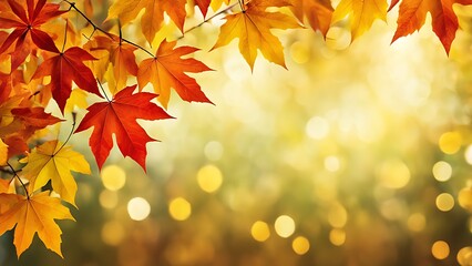 Fototapeta premium Red and yellow autumn leaves on tree branches. Close-up of fall foliage with blurred golden bokeh background. Nature and seasonal concept.