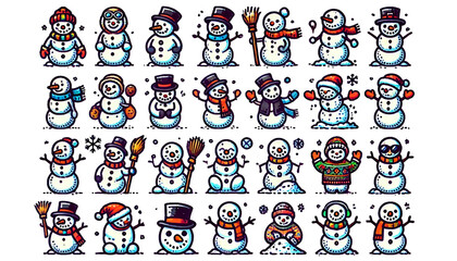 Various Snowmen in Different Poses and Outfits for Winter and Christmas