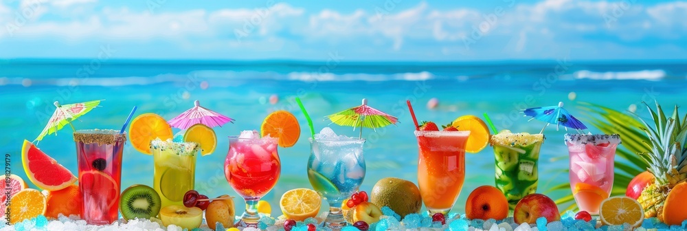 Poster a row of colorful cocktails, each garnished with fruit and a small umbrella, are arranged on a sandy