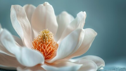  A close-up of a white flower with numerous orange stamens