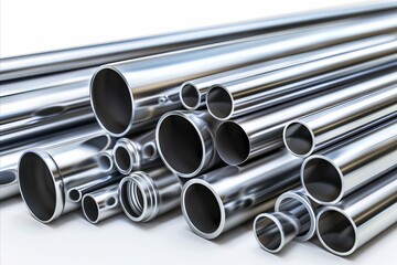 Fototapeta premium A pile of stainless steel pipes on a white background.