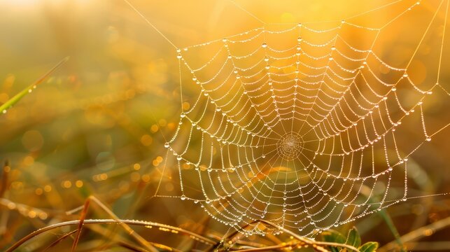  A tight shot of a spider web in a grassy expanse, illuminated by the sun passing through its intricate threads