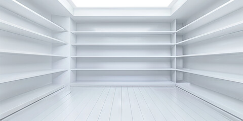 Obraz premium Clean and Clear: A simple white room with nothing on the walls or floor, showcasing empty shelves.