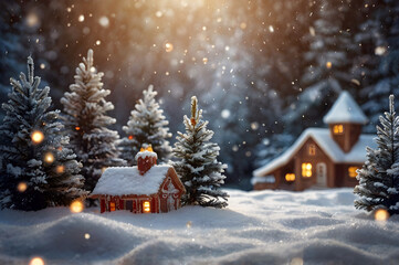 Christmas and new year postcard with illuminated miniature cosy village house, cottage, fir, pine trees, snow at night, blurred glowing bokeh, magic festive background, greeting card, copy space.