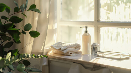 Fototapeta premium The soft, ambient light filters through a window on a tidy bathroom counter adorned with towels and a soap dispenser, exuding a serene and cozy atmosphere.