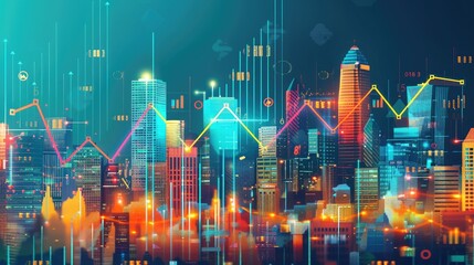 A Cityscape with Overlapping Data Visualizations