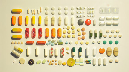 An array of multi-colored pills organized neatly on a flat surface, showcasing a variety of shapes and sizes in a visually compelling arrangement.