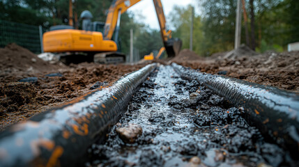Naklejka premium Construction site with a close-up view of black pipes being laid in a trench, with a yellow excavator in the background, surrounded by dirt and trees.