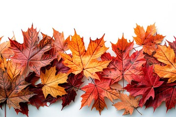 Fototapeta premium A row of colorful autumn leaves on a white background, copy space for text, top view, flat lay