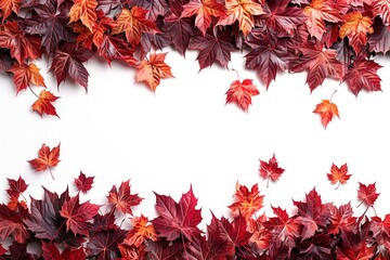 Vibrant autumn leaves border on white background, copy space for text, top view, flat lay