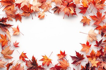 Fototapeta premium Colorful autumn leaves framing a white background, copy space for text, top view, flat lay