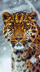 Obraz premium A leopard is standing in the snow with its eyes open.