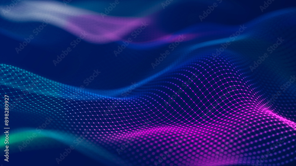 Poster Abstract futuristic wave background. Network connection dots and lines. Digital background. 3d rendering.	