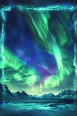 Aurora Borealis Frame. Aframe of shimmering northern lights in vibrant greens, purples, and blues. The center opens to a clear, starry night sky, with the aurora dancing around the edges