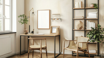 Cozy and organized home office with wooden furniture, plants, and a large window, evoking warmth and productivity.