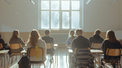 Obraz premium Students sit attentively in a sunlit classroom, with rays of light streaming through large windows, creating an inspiring learning environment.