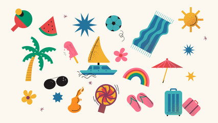 set of icons and colorful illustrations of summer and vacations on the beach, at the sea, in the environment. Collection of elements and stickers of holidays and beach party.