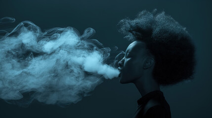 Woman with an afro hairstyle exhaling a cloud of smoke, set against a dark, moody background, creating an artistic silhouette.