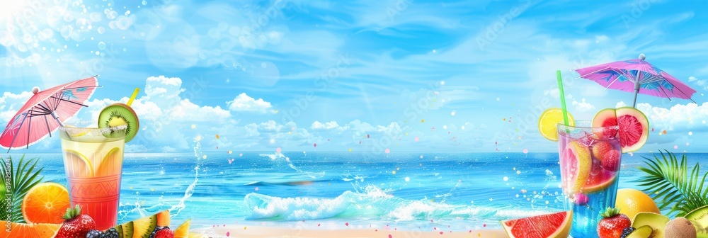 Poster Two refreshing cocktails with fruit garnishes and tiny umbrellas sit on a beach with an ocean backdrop. Generative AI