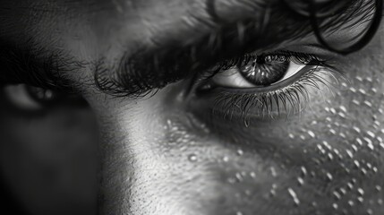  A monochrome image of a man's face with freckled eyebrows and hair, framing expressive eyes