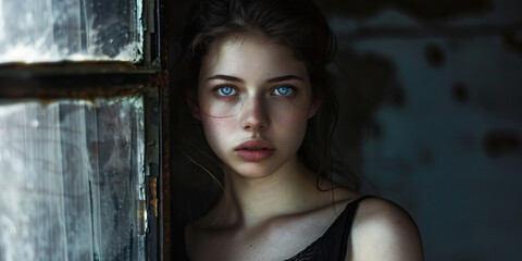 A young woman with piercing blue eyes, wearing a simple black dress, gazing thoughtfully out of a grimy window.