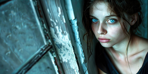 Fototapeta premium A young woman with piercing blue eyes, wearing a simple black dress, gazing thoughtfully out of a grimy window.