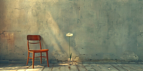 A sparse, modern room devoid of clutter, save for a wooden chair and a single white flower in a vase.