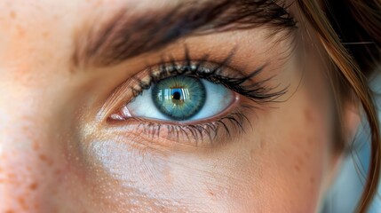  A tight shot of a woman's blue eye, adorned with freckles on her eyelashes and a sprinkling of freckles on her cheek