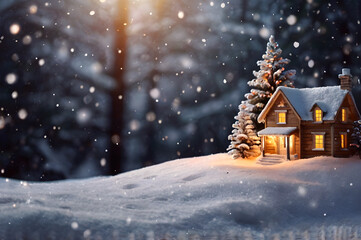 Christmas and new year postcard with illuminated miniature cosy village house, cottage, fir, pine trees, snow at night, blurred glowing bokeh, magic festive background, greeting card, copy space.