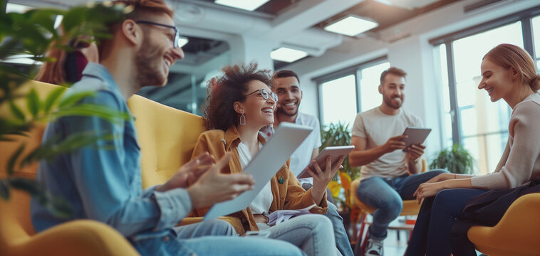 A group of young professionals in an office setting were gathered around one person who was presenting on their tablet to another individual sitting down and smiling at them