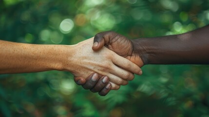  A person tightly grasps another's hand against a lush green backdrop, dotted with trees in the distance