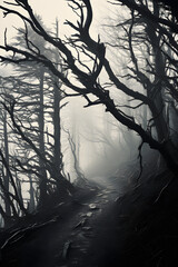 Obraz premium Mysterious Eerie Forest under the Menacing Overcast Sky - A Scene from the Nightmare or Fairy Tales