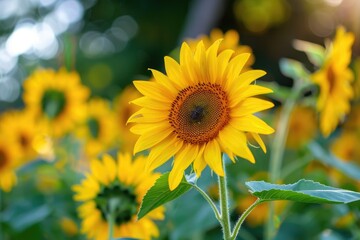 Naklejka premium Sunflower in full bloom, Vibrant sunflower surrounded by green foliage in a field, AI generated