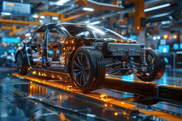 exploded view of electric vehicle battery hovering components energy arcs connecting cells futuristic workshop setting holographic schematics