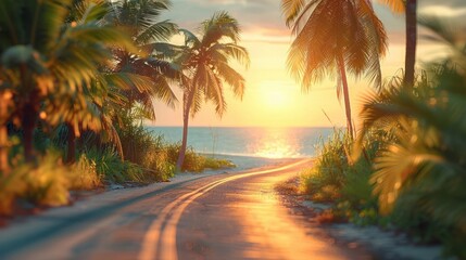 Obraz premium A winding road leads to a tropical beach at sunset, with palm trees silhouetted against the golden sky.