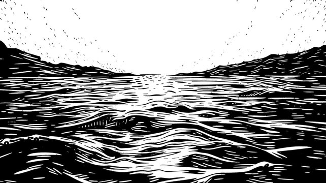 Waves vintage linocut background, black vector on transparent background