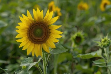 Sunflower in full bloom, Vibrant sunflower surrounded by green foliage in a field, AI generated