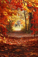 Autumn Forest Frame: Colorful fall leaves in shades of orange, red, and yellow, gently falling. The center is a blank path covered in fallen leaves, leading through a serene, forest